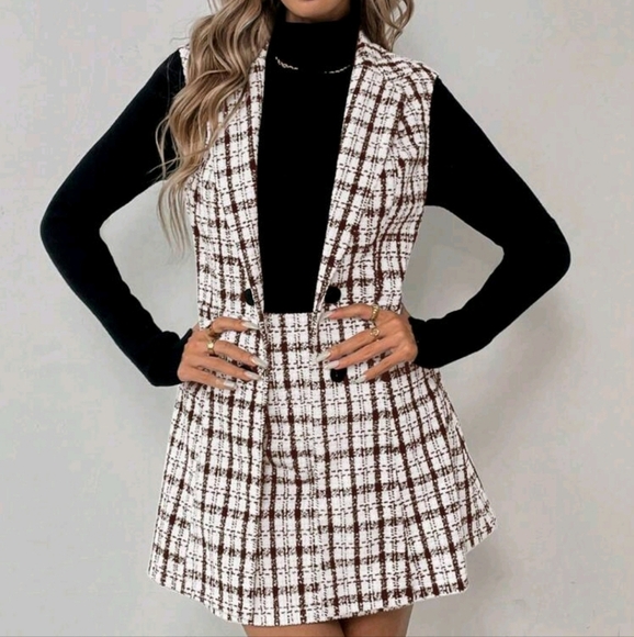 Women Plaid Print Collar Sleeveless Top And Mini Skirt 2-Piece Set - Picture 4 of 6